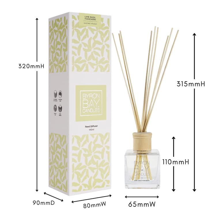 Lime Basil Mandarin reed diffuser with measurements